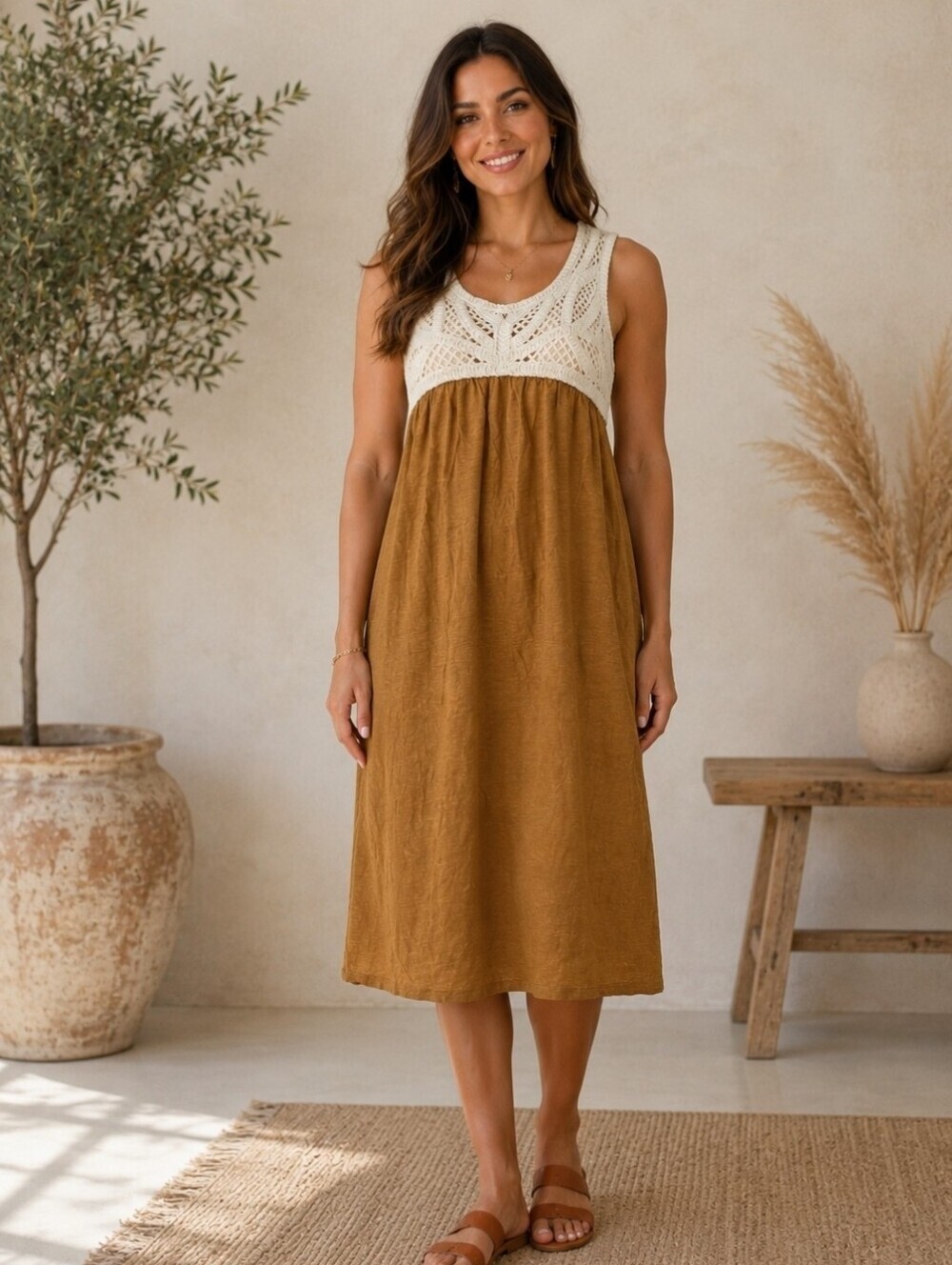 Elegant Brown and Cream Crochet Dress